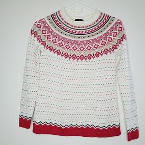 Talbots Diamond Fair Isle Nordic Sweater Fisherman Petite White Ivory Red Khaki